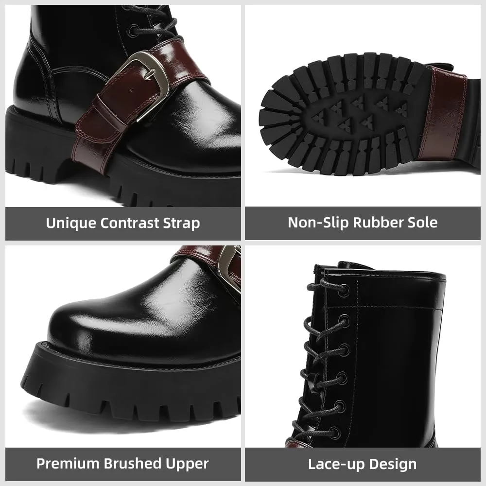 Women's Platform Combat Boots with Buckle, Lace-Up Mid-Calf Boots with Low Chunky Heel Lug Sole, Fashion Riding Boots