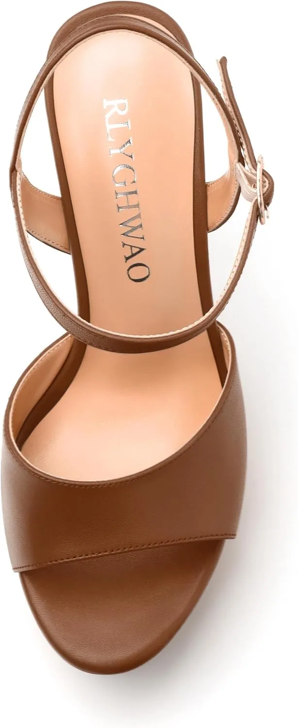 Womens Platform Sandals Open Toe Buckle Ankle Strap Fashion Solid Matte Heeled Sandals 5 inch