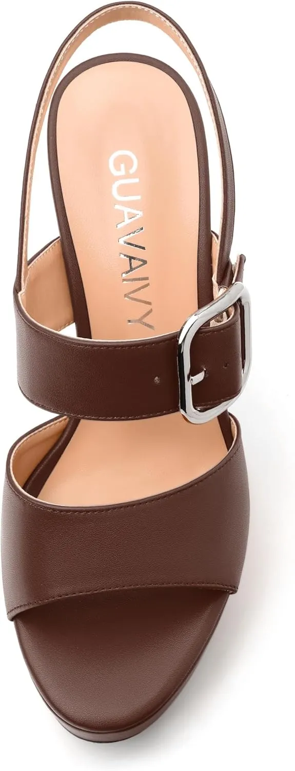 Women's Platform Sandals, Round Toe Chunky High Heels, Fashion Ankle Strap Buckle Heeled Sandal 4.8 Inch