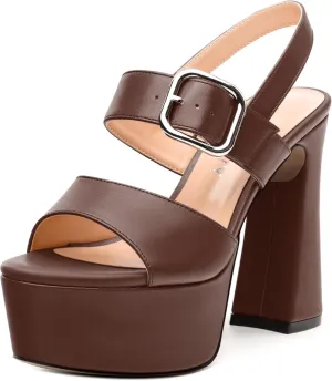 Women's Platform Sandals, Round Toe Chunky High Heels, Fashion Ankle Strap Buckle Heeled Sandal 4.8 Inch