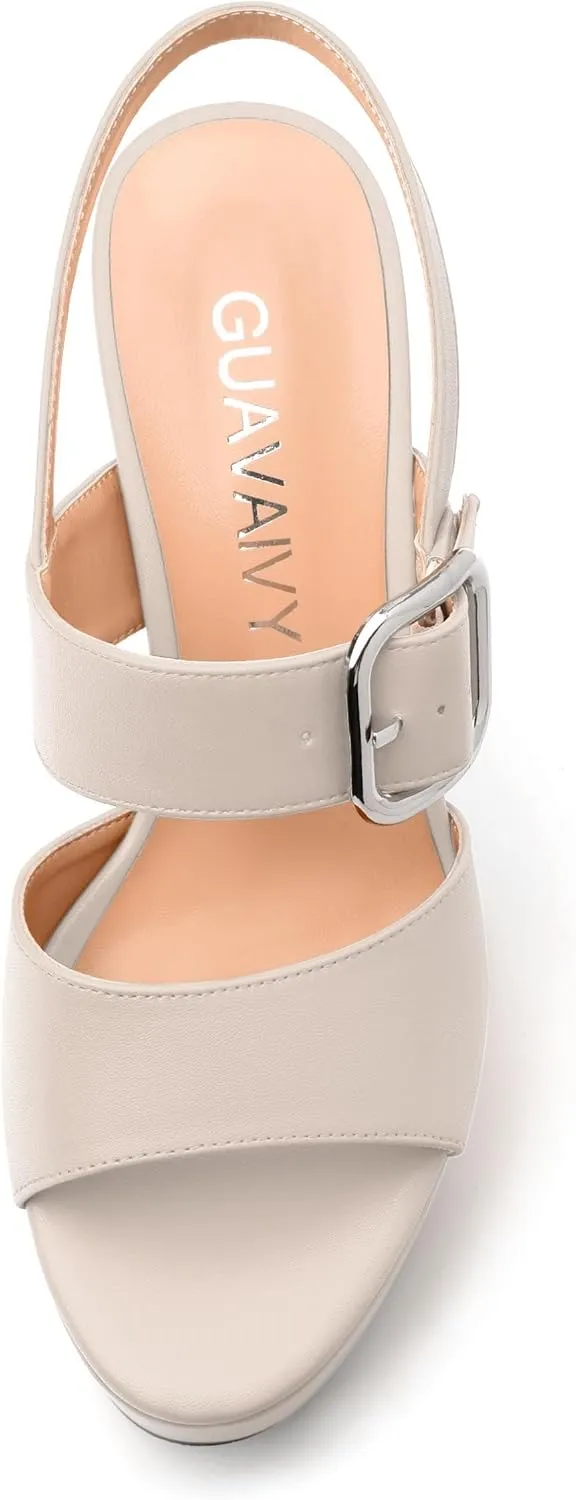 Women's Platform Sandals, Round Toe Chunky High Heels, Fashion Ankle Strap Buckle Heeled Sandal 4.8 Inch