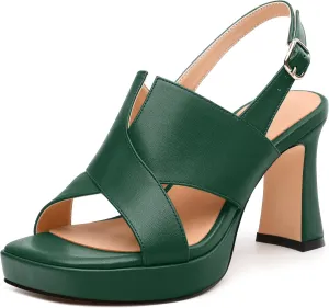 Womens Platform Sandals, Square Peep Toe Chunky Heel Ankle Strap Sandals for Women, Leather Insole Heeled Sandals with Buckle 3.3"