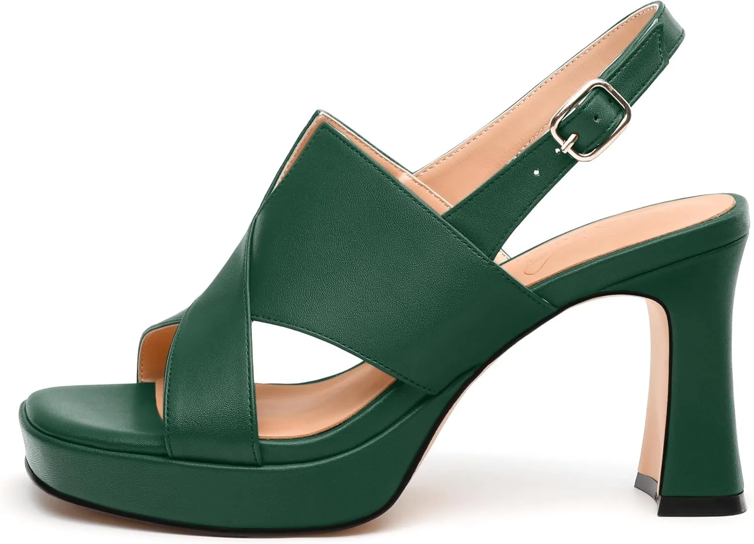 Womens Platform Sandals, Square Peep Toe Chunky Heel Ankle Strap Sandals for Women, Leather Insole Heeled Sandals with Buckle 3.3"