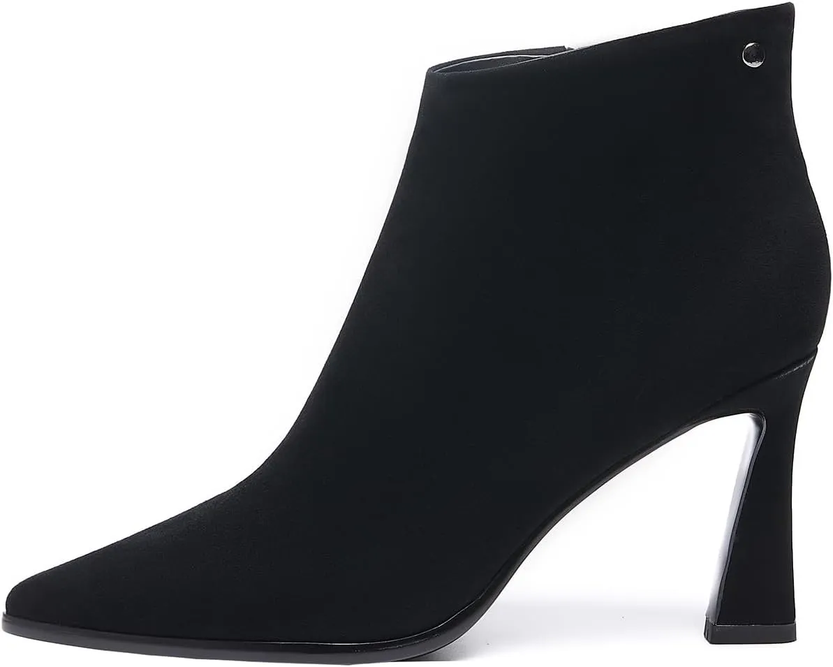 Womens Pointed Leather Thick High Heels 8.5cm/3.3in Rivet Ankle Boots Fashion Retro Party Boots