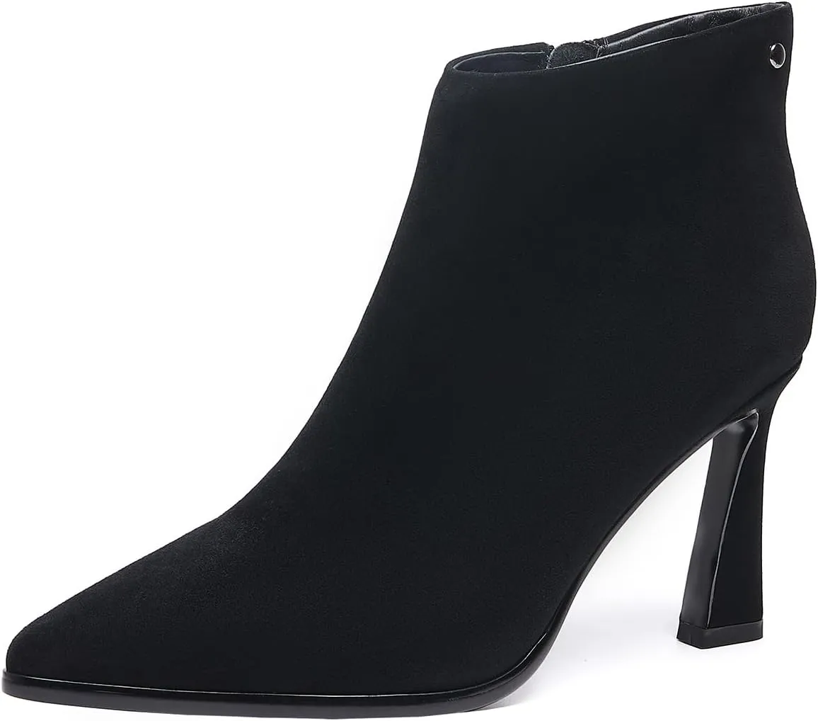 Womens Pointed Leather Thick High Heels 8.5cm/3.3in Rivet Ankle Boots Fashion Retro Party Boots
