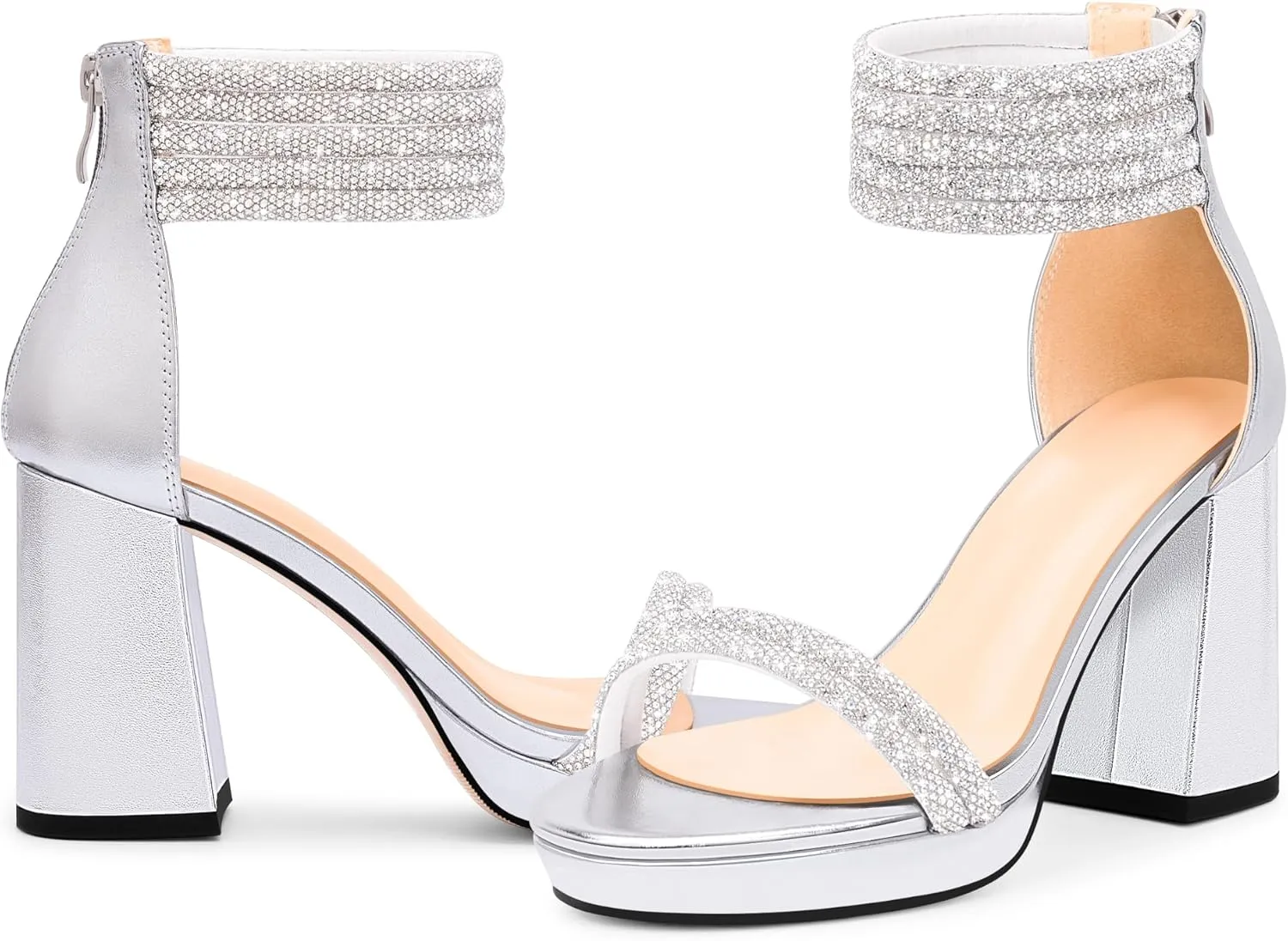 Women's Rhinestone Platform Chunky High Heeled Sandals Open Toe Ankle Strap Sexy Wedding Dress Shoes