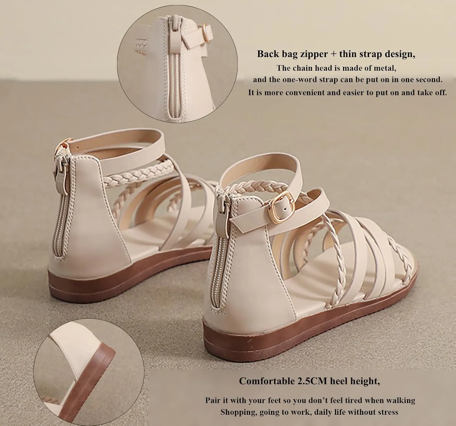 Women'S Roman Flat Sandals,Comfortable Open Toe Gladiator Sandals,Convenient Back Zip Fisherman Sandals,Outdoor Casual Dressy Sandals