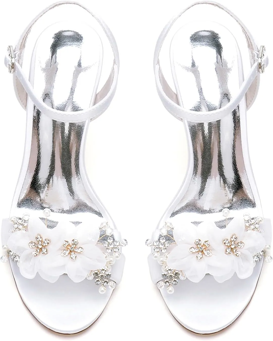 Women's Satin High Heel Open Toe Sandals Slingback Bridal Dress Shoes Pearl Rhinestone Buckle Suitable for Wedding Prom Events