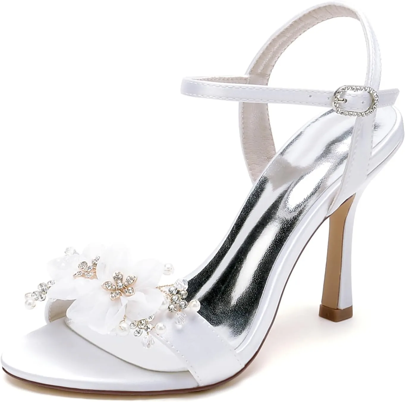 Women's Satin High Heel Open Toe Sandals Slingback Bridal Dress Shoes Pearl Rhinestone Buckle Suitable for Wedding Prom Events
