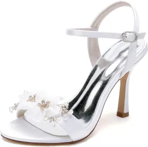 Women's Satin High Heel Open Toe Sandals Slingback Bridal Dress Shoes Pearl Rhinestone Buckle Suitable for Wedding Prom Events