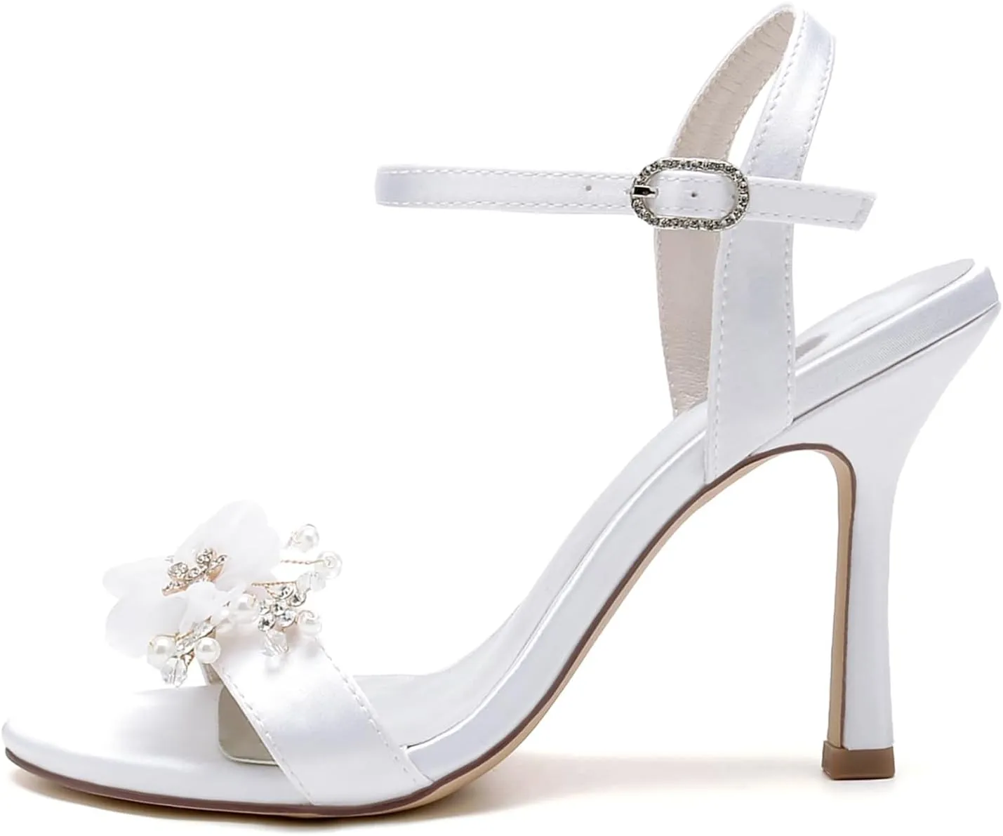 Women's Satin High Heel Open Toe Sandals Slingback Bridal Dress Shoes Pearl Rhinestone Buckle Suitable for Wedding Prom Events