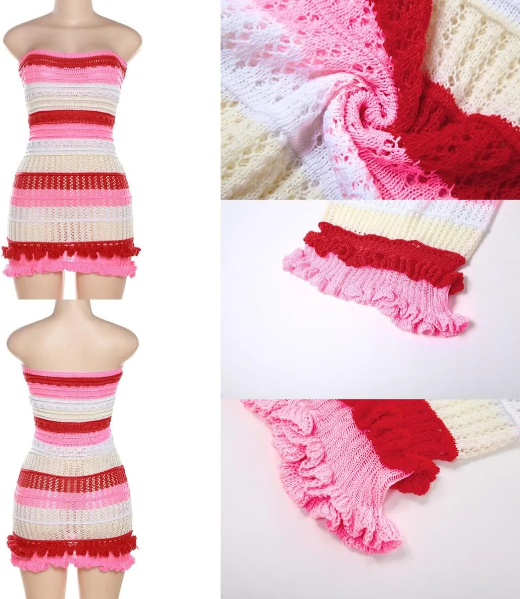 Women's Sexy Color Block Knitted Striped Ruffle Hem Tube Mini Dress Summer Strapless Stretch Bodycon Party Clubwear