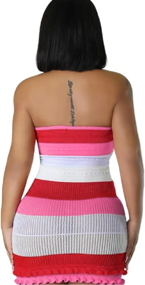 Women's Sexy Color Block Knitted Striped Ruffle Hem Tube Mini Dress Summer Strapless Stretch Bodycon Party Clubwear