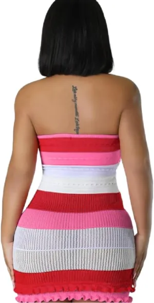 Women's Sexy Color Block Knitted Striped Ruffle Hem Tube Mini Dress Summer Strapless Stretch Bodycon Party Clubwear
