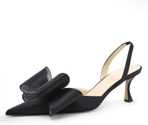 Women's Sexy Pointed Toe Slingback Stiletto Heels Fashion Rhinestones Double Bows Curved Kitten Heel Slingbacks Comfort Slip On Wedding Dress High Heel Shoes