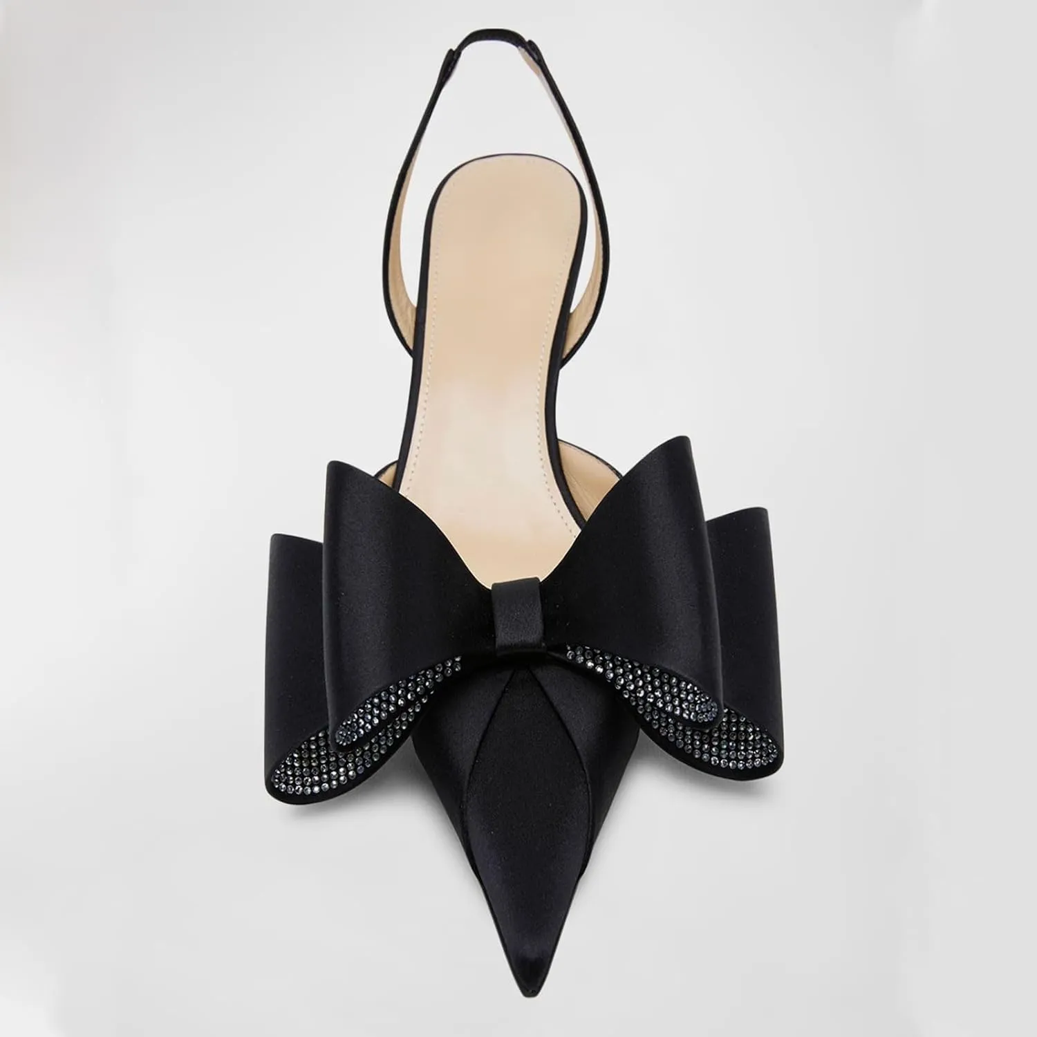 Women's Sexy Pointed Toe Slingback Stiletto Heels Fashion Rhinestones Double Bows Curved Kitten Heel Slingbacks Comfort Slip On Wedding Dress High Heel Shoes