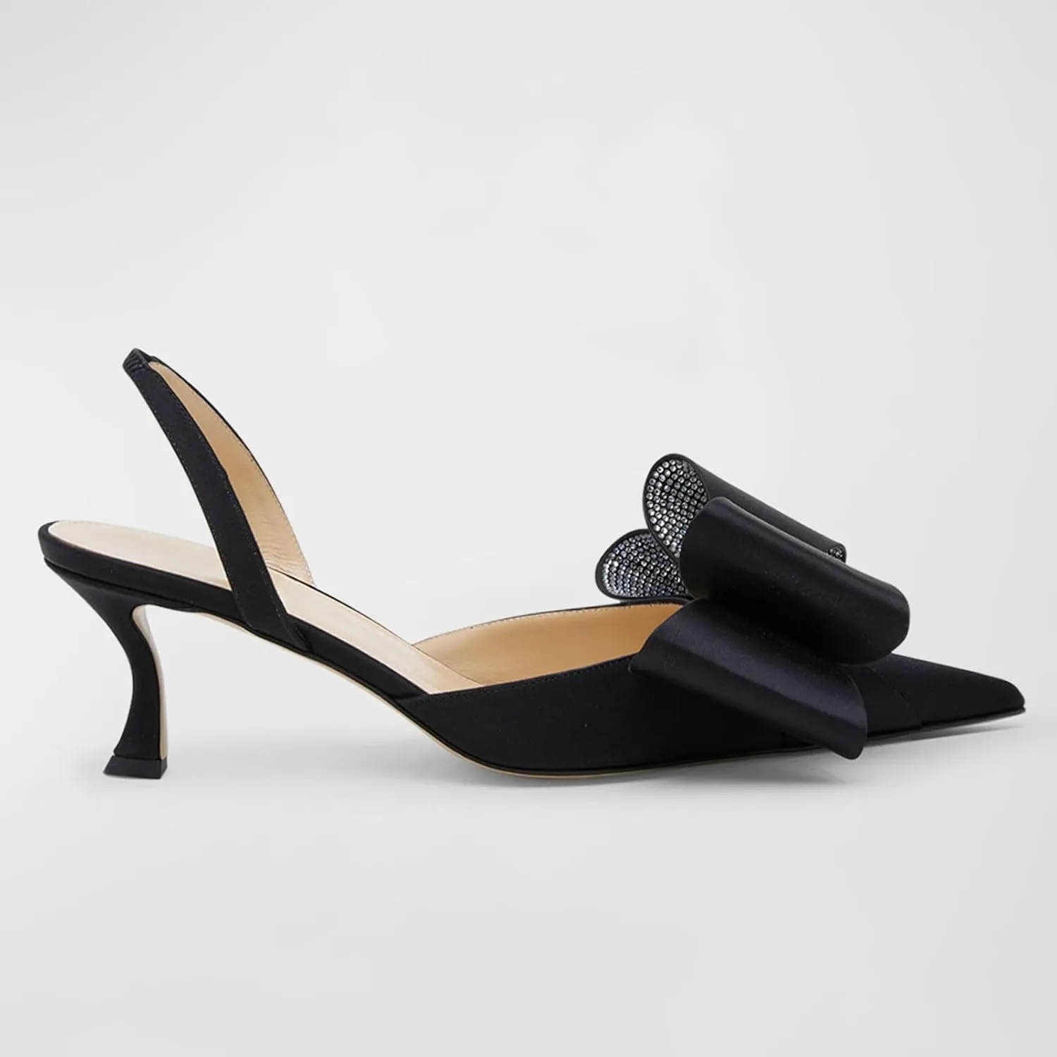 Women's Sexy Pointed Toe Slingback Stiletto Heels Fashion Rhinestones Double Bows Curved Kitten Heel Slingbacks Comfort Slip On Wedding Dress High Heel Shoes