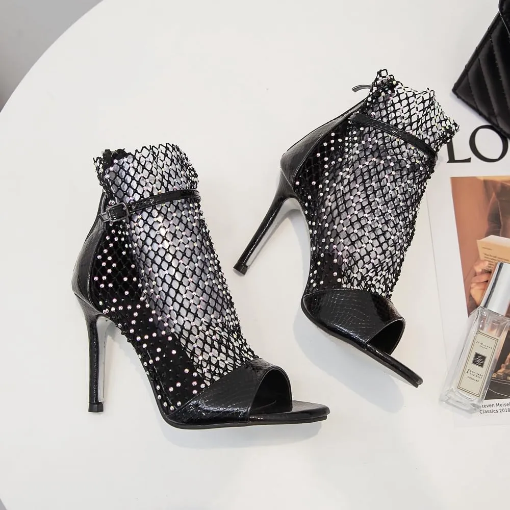 Women's Sexy Stiletto High Heel Gladiator Sandals, Ankle Strap Rhinestone Gladiator Heels, Open Peep Toe Strappy Sandals Boots