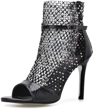 Women's Sexy Stiletto High Heel Gladiator Sandals, Ankle Strap Rhinestone Gladiator Heels, Open Peep Toe Strappy Sandals Boots