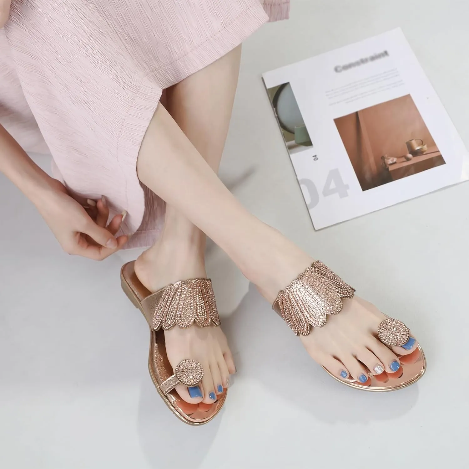 Women's Slide Flat Sandals Ladies Rhinestone Flip Flops Casual Fashion Crystal Sandal for Summer Beach Oceanside Holiday Outdoor