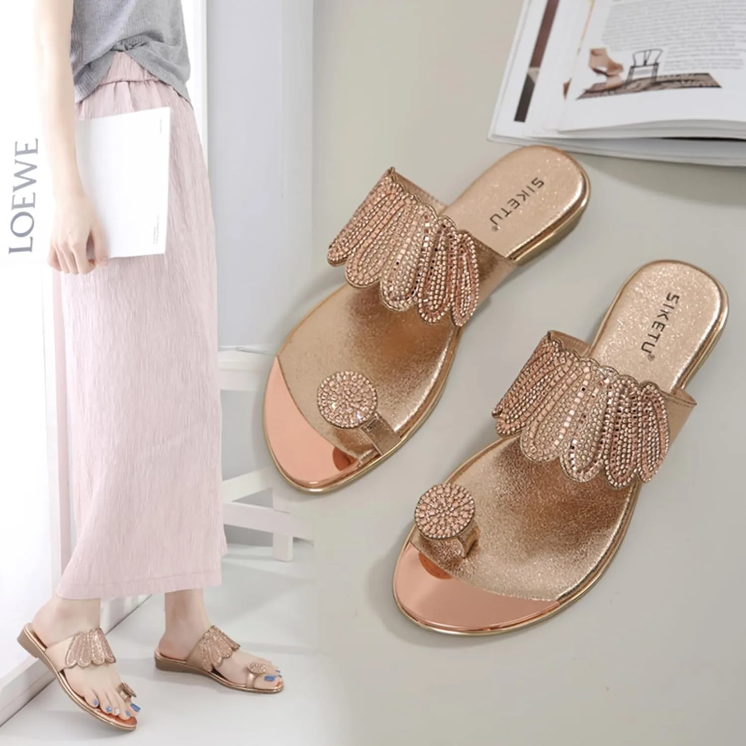 Women's Slide Flat Sandals Ladies Rhinestone Flip Flops Casual Fashion Crystal Sandal for Summer Beach Oceanside Holiday Outdoor