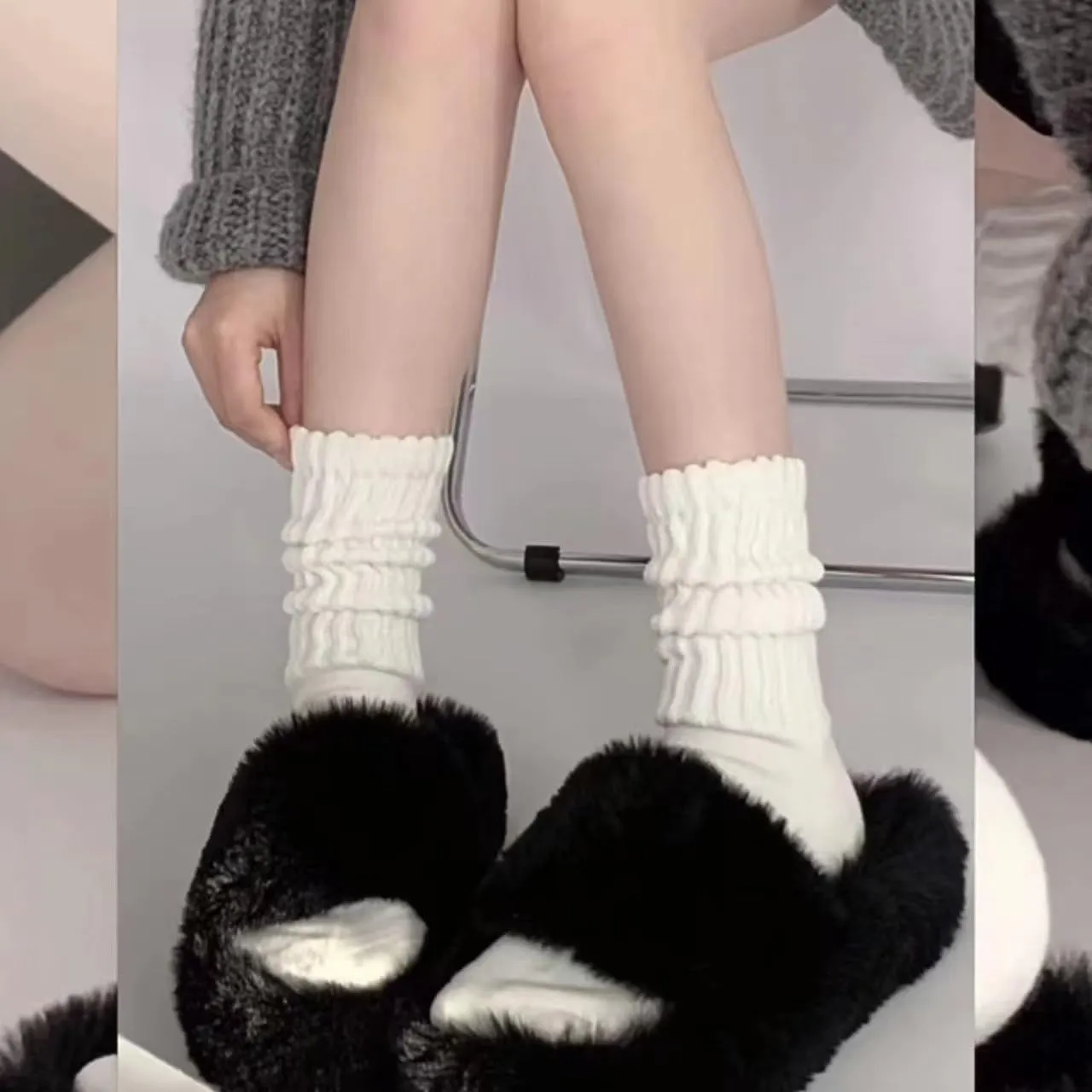 Women's Slouch Crew Socks Solid Scrunch Boot Socks Chunky Ribbed Cozy 3 Pairs Cotton Crew Socks Size 5-11