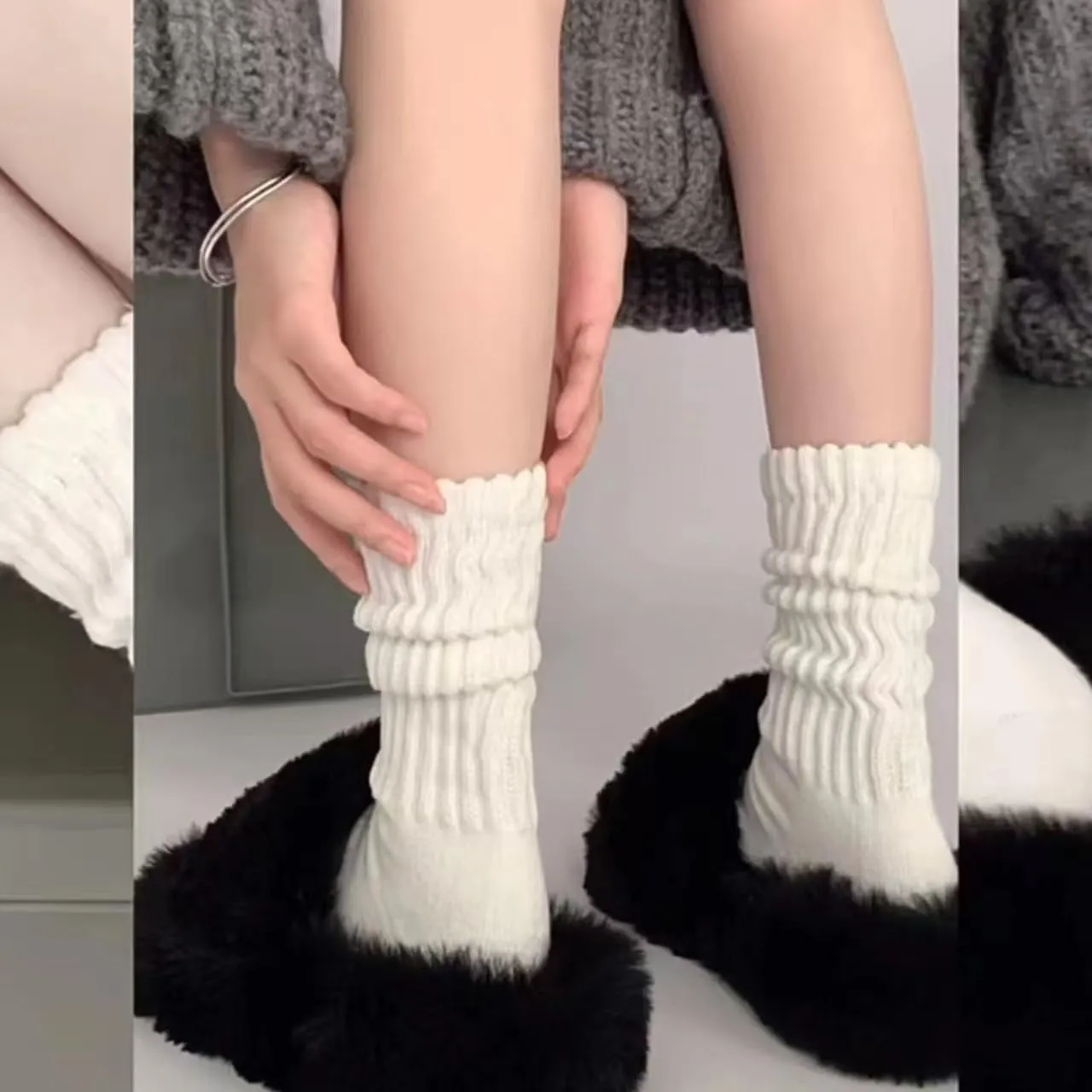 Women's Slouch Crew Socks Solid Scrunch Boot Socks Chunky Ribbed Cozy 3 Pairs Cotton Crew Socks Size 5-11