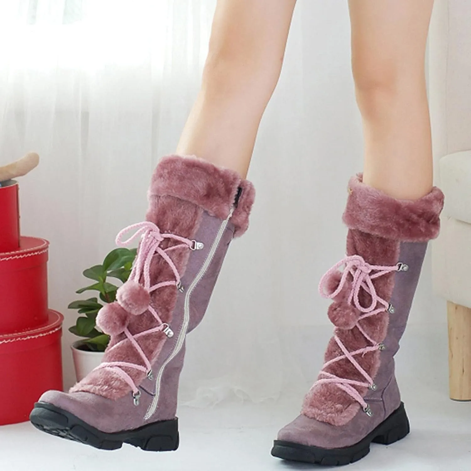 Womens Snow Boots Suede Mid Calf Dressy Winter Boots Pompom Non-Slip Fully Fur Booties Cold Weather Lace Up Ankle Boots Outdoor Sneakers Winter Shoes