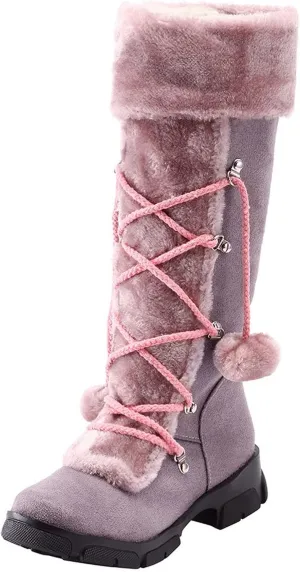 Womens Snow Boots Suede Mid Calf Dressy Winter Boots Pompom Non-Slip Fully Fur Booties Cold Weather Lace Up Ankle Boots Outdoor Sneakers Winter Shoes