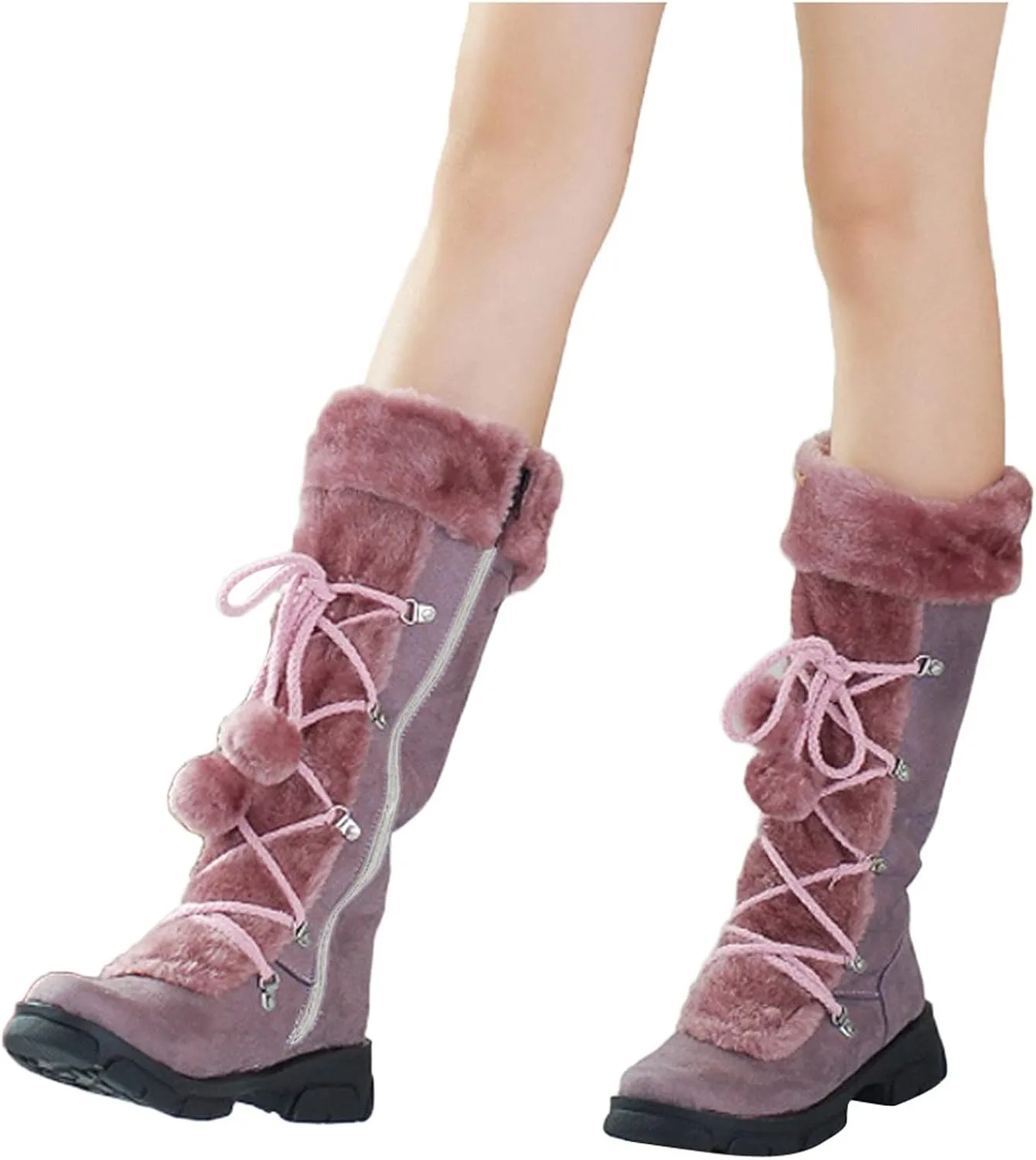 Womens Snow Boots Suede Mid Calf Dressy Winter Boots Pompom Non-Slip Fully Fur Booties Cold Weather Lace Up Ankle Boots Outdoor Sneakers Winter Shoes