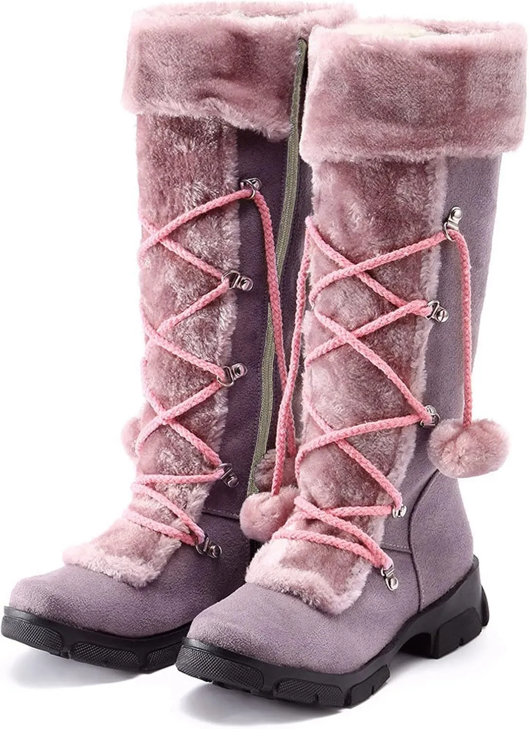 Womens Snow Boots Suede Mid Calf Dressy Winter Boots Pompom Non-Slip Fully Fur Booties Cold Weather Lace Up Ankle Boots Outdoor Sneakers Winter Shoes