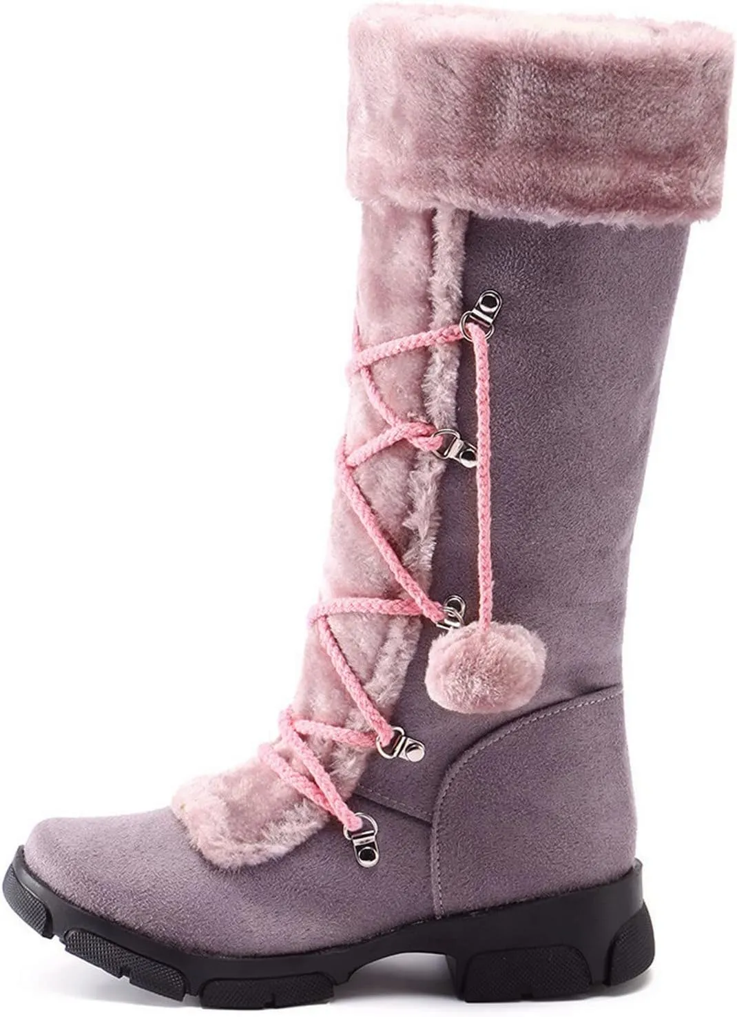 Womens Snow Boots Suede Mid Calf Dressy Winter Boots Pompom Non-Slip Fully Fur Booties Cold Weather Lace Up Ankle Boots Outdoor Sneakers Winter Shoes