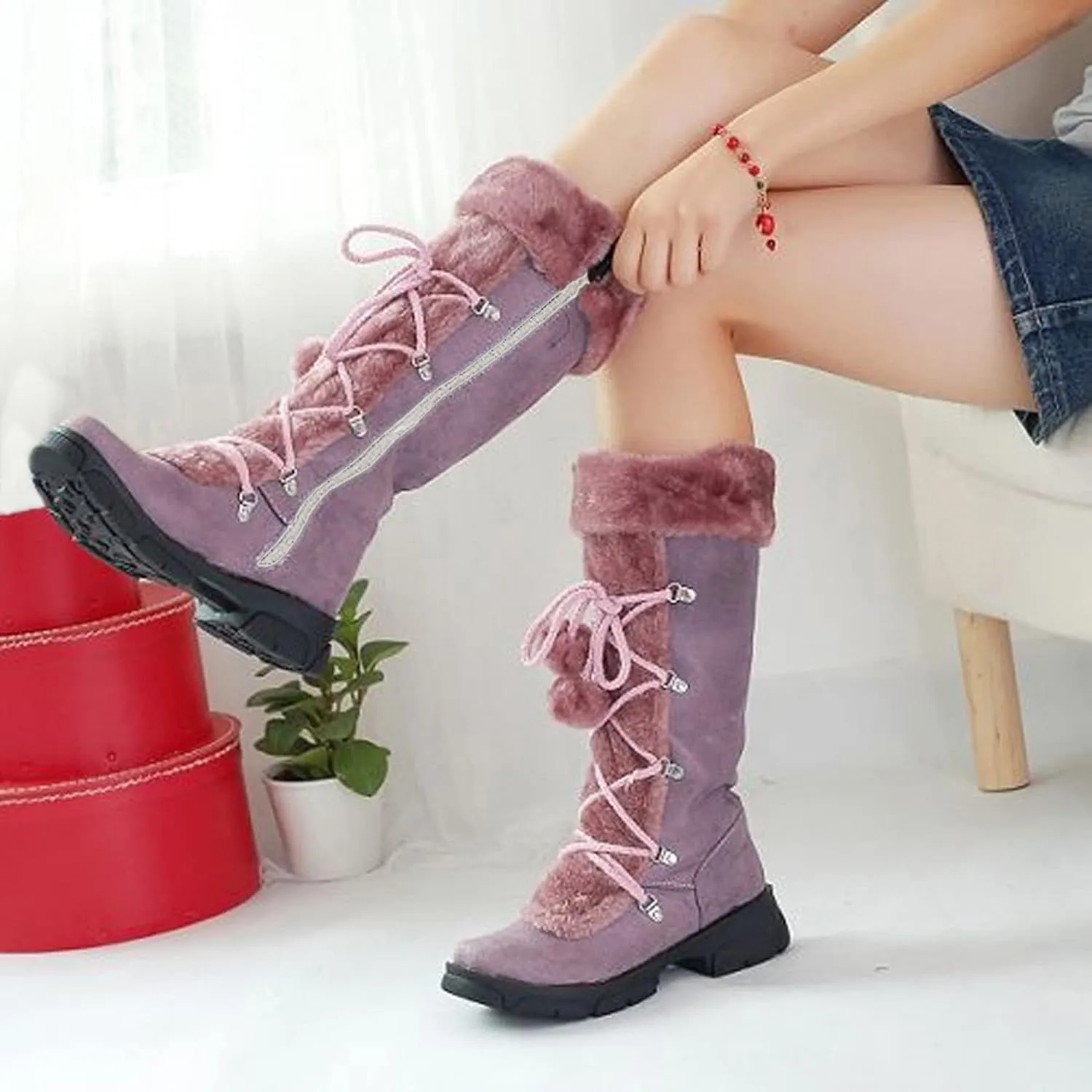 Womens Snow Boots Suede Mid Calf Dressy Winter Boots Pompom Non-Slip Fully Fur Booties Cold Weather Lace Up Ankle Boots Outdoor Sneakers Winter Shoes