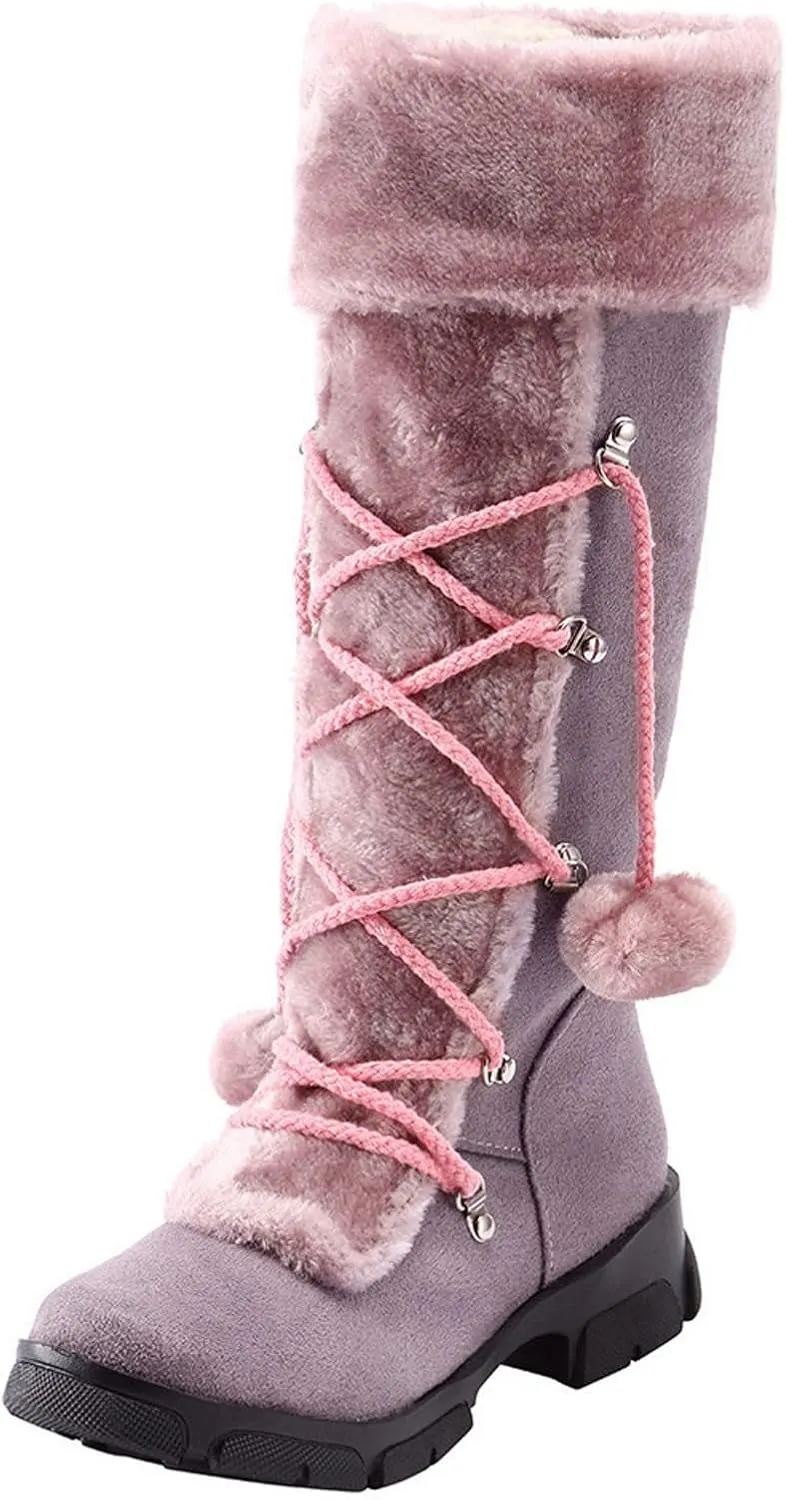 Womens Snow Boots Suede Mid Calf Dressy Winter Boots Pompom Non-Slip Fully Fur Booties Cold Weather Lace Up Ankle Boots Outdoor Sneakers Winter Shoes