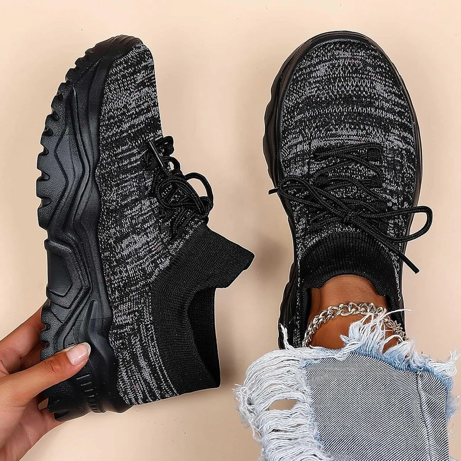 Women's Solid Color Fashion Four Season Lace Up Sneakers Solid Color Flying Woven Running Shoes Women's Water Shoes