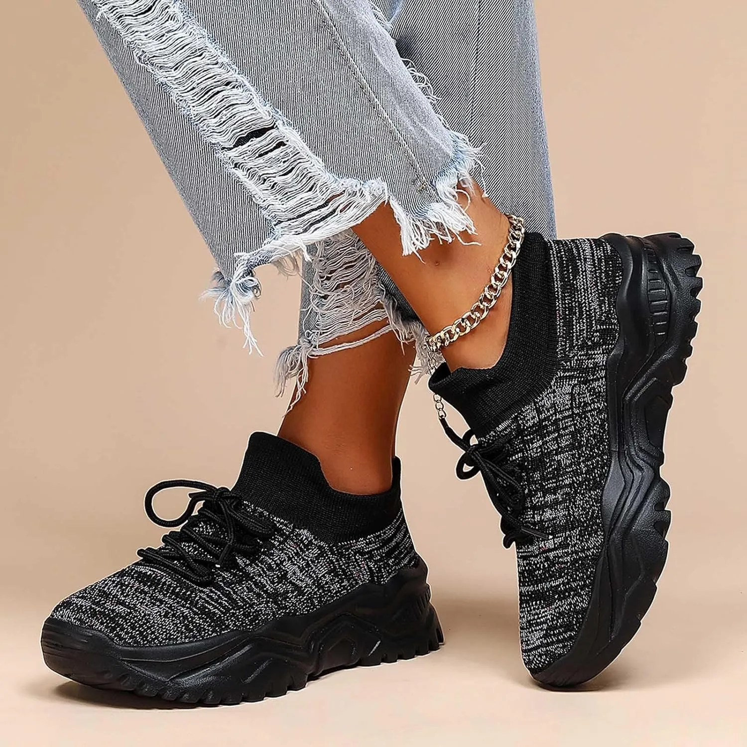 Women's Solid Color Fashion Four Season Lace Up Sneakers Solid Color Flying Woven Running Shoes Women's Water Shoes