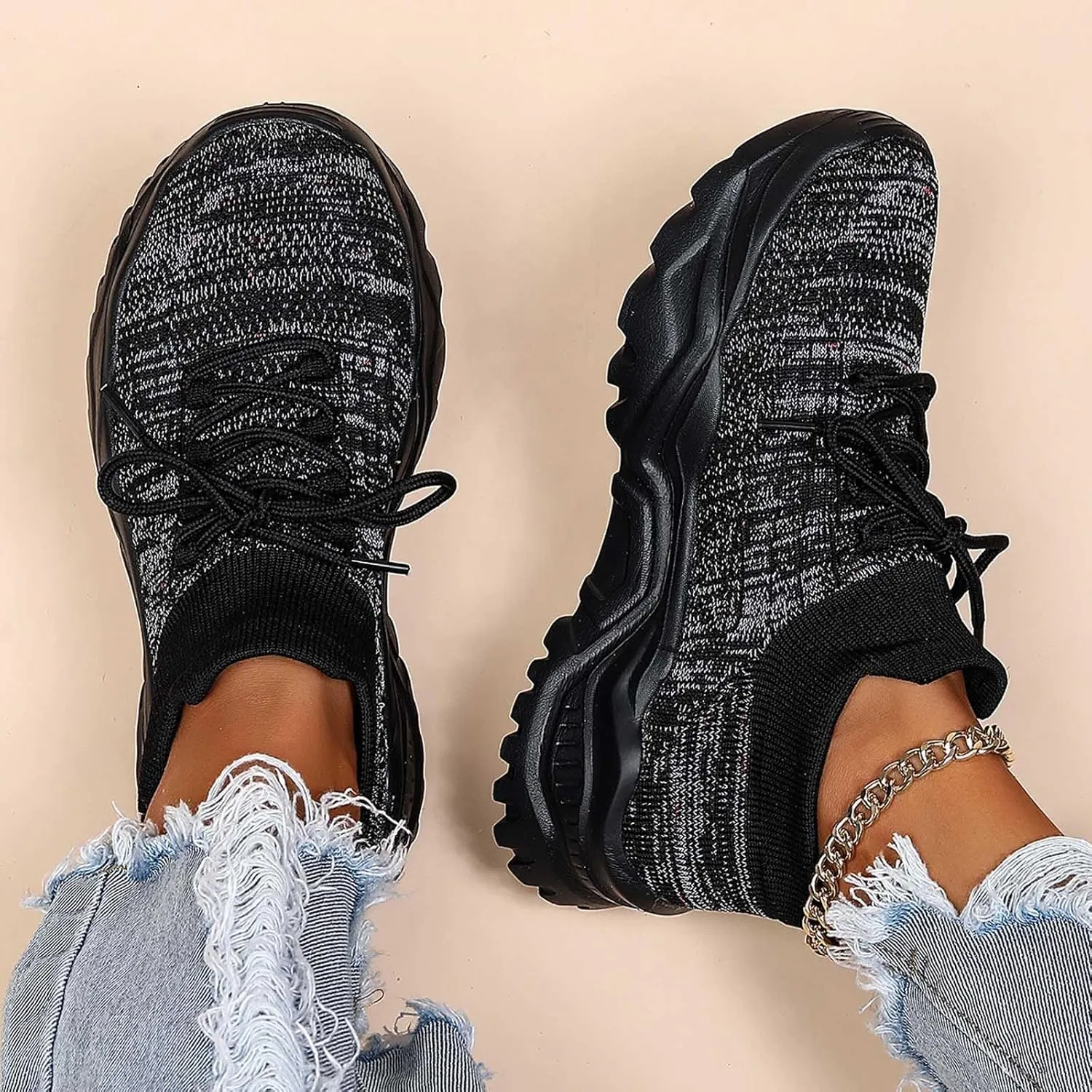 Women's Solid Color Fashion Four Season Lace Up Sneakers Solid Color Flying Woven Running Shoes Women's Water Shoes