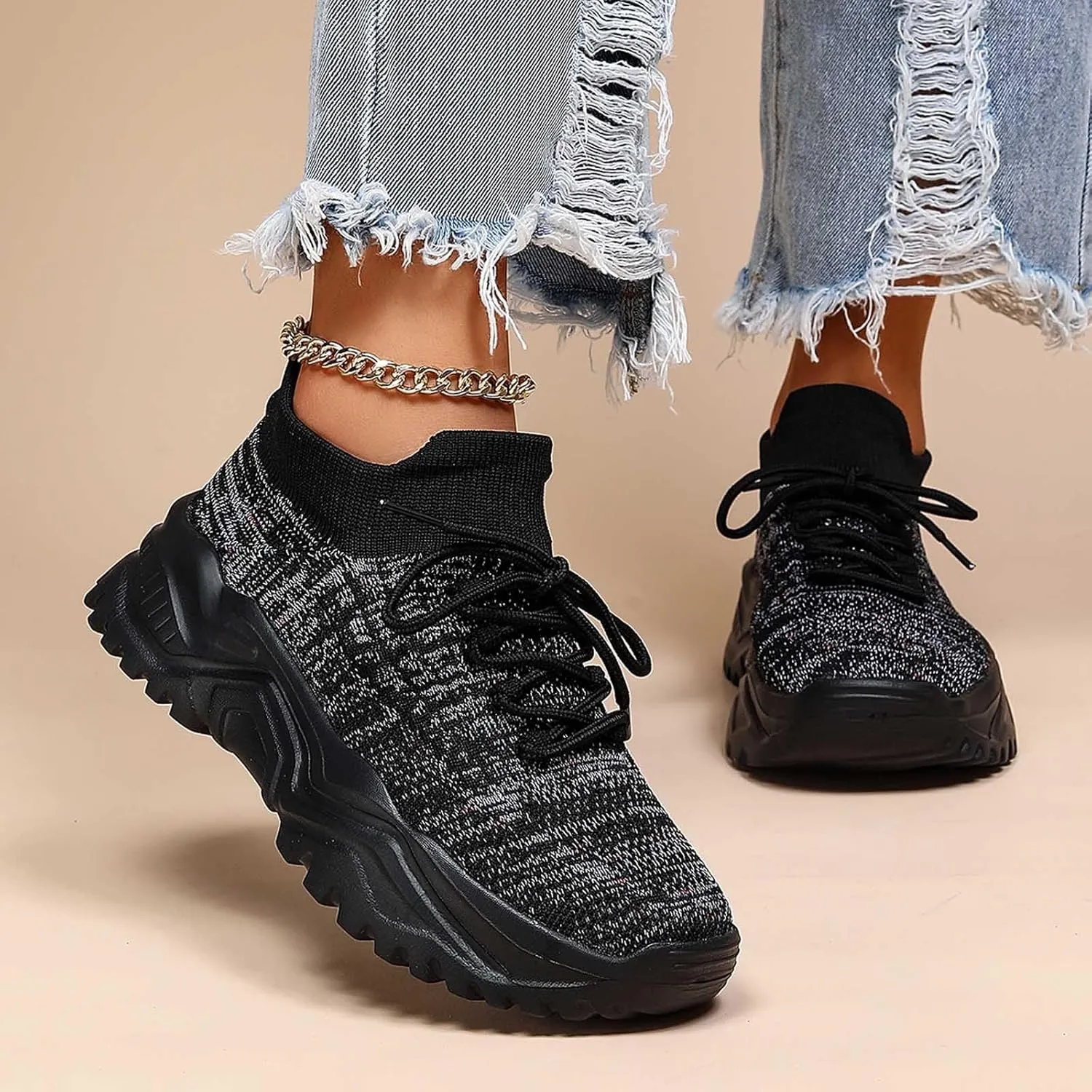 Women's Solid Color Fashion Four Season Lace Up Sneakers Solid Color Flying Woven Running Shoes Women's Water Shoes