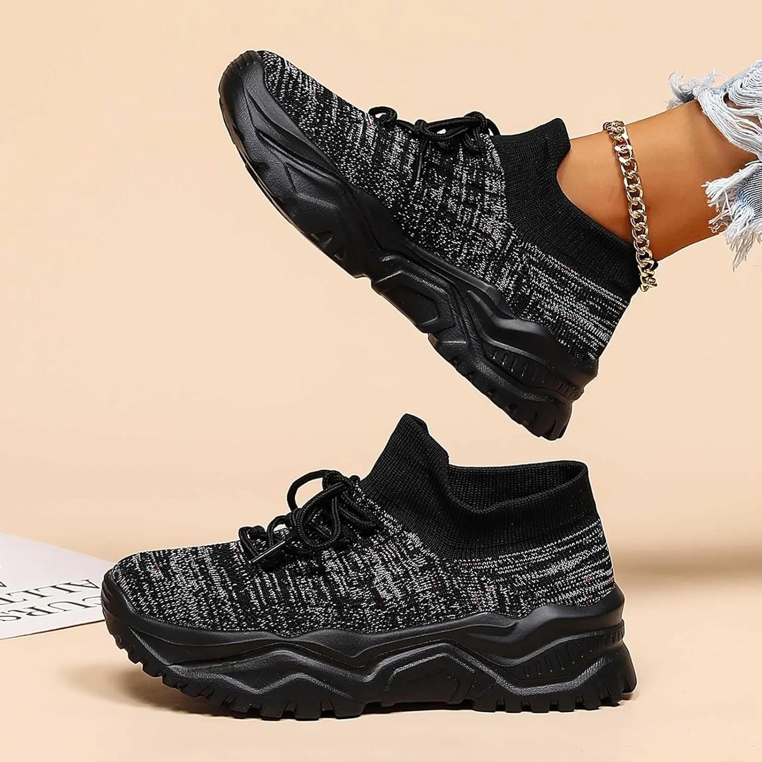 Women's Solid Color Fashion Four Season Lace Up Sneakers Solid Color Flying Woven Running Shoes Women's Water Shoes