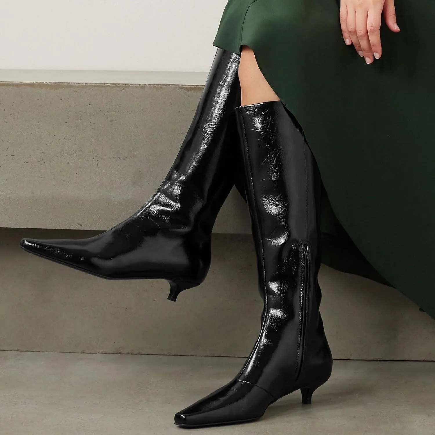 Women's Square Toe Kitten Heel Knee High Boots Fashion Crocodile Side Zipper Low Heel Tall Boots Fall Winter Dressy Long Boots for Women Size 5.5-12US