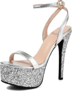 Women's Strappy Platform Heeled Sandals Stiletto Round Open Toe Ankle Strap Slingback Glitter High Heel Sandals Wedding Party Dress Shoes