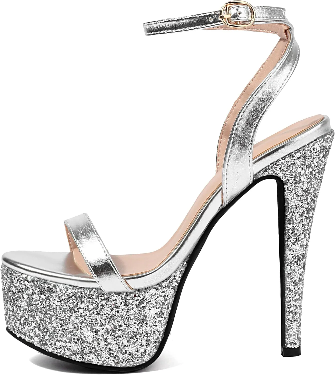 Women's Strappy Platform Heeled Sandals Stiletto Round Open Toe Ankle Strap Slingback Glitter High Heel Sandals Wedding Party Dress Shoes