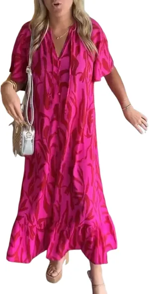 Women's Stylish Dresses V Neck Short Ruffled Sleeves Animal Print Casual Tiered Bohe Beach Vacation Midi Dress