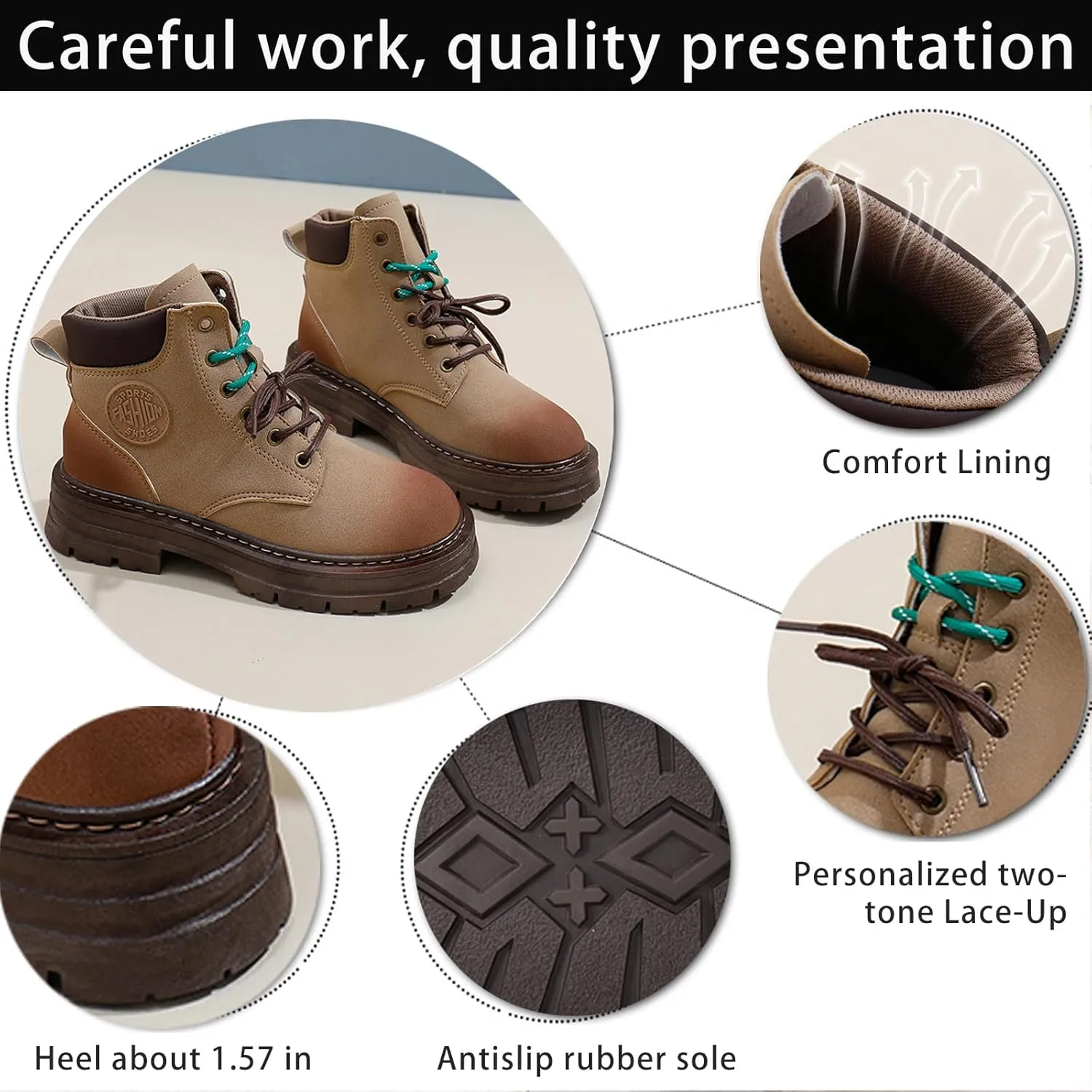 Women's Suede Lace-Up Platform Hiking Boots Fashion Round Toe Chunky Heel Casual Non-Slip Lightweight Outdoor Combat Boots