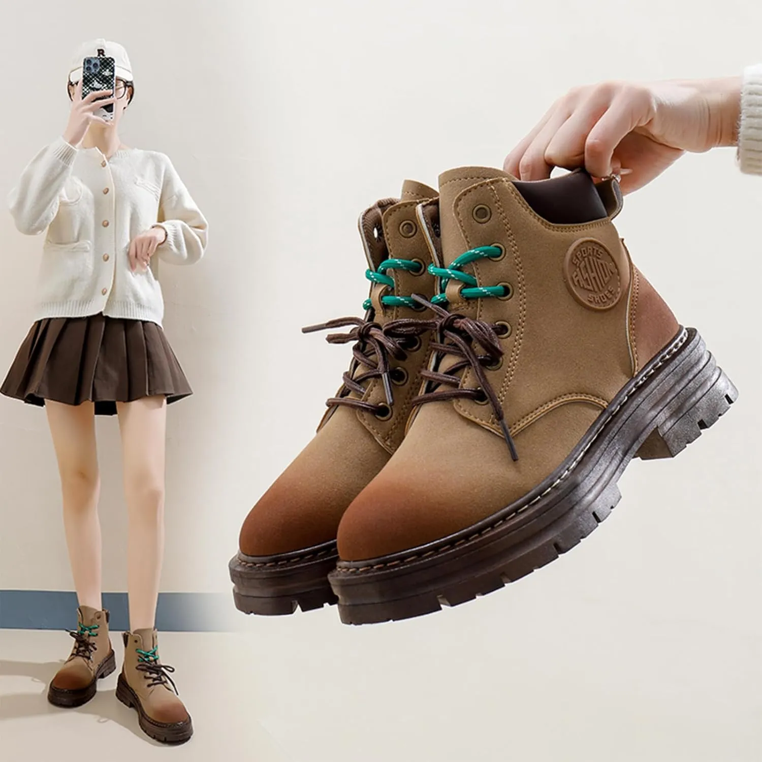 Women's Suede Lace-Up Platform Hiking Boots Fashion Round Toe Chunky Heel Casual Non-Slip Lightweight Outdoor Combat Boots