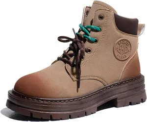 Women's Suede Lace-Up Platform Hiking Boots Fashion Round Toe Chunky Heel Casual Non-Slip Lightweight Outdoor Combat Boots