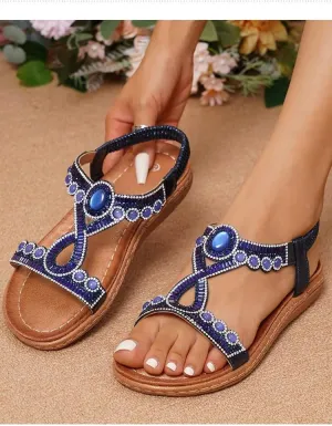 Womens Summer Flats Sandals Casual Summer Comfortable Ankle Elastic Rhinestones Bohemian Flat Sandals