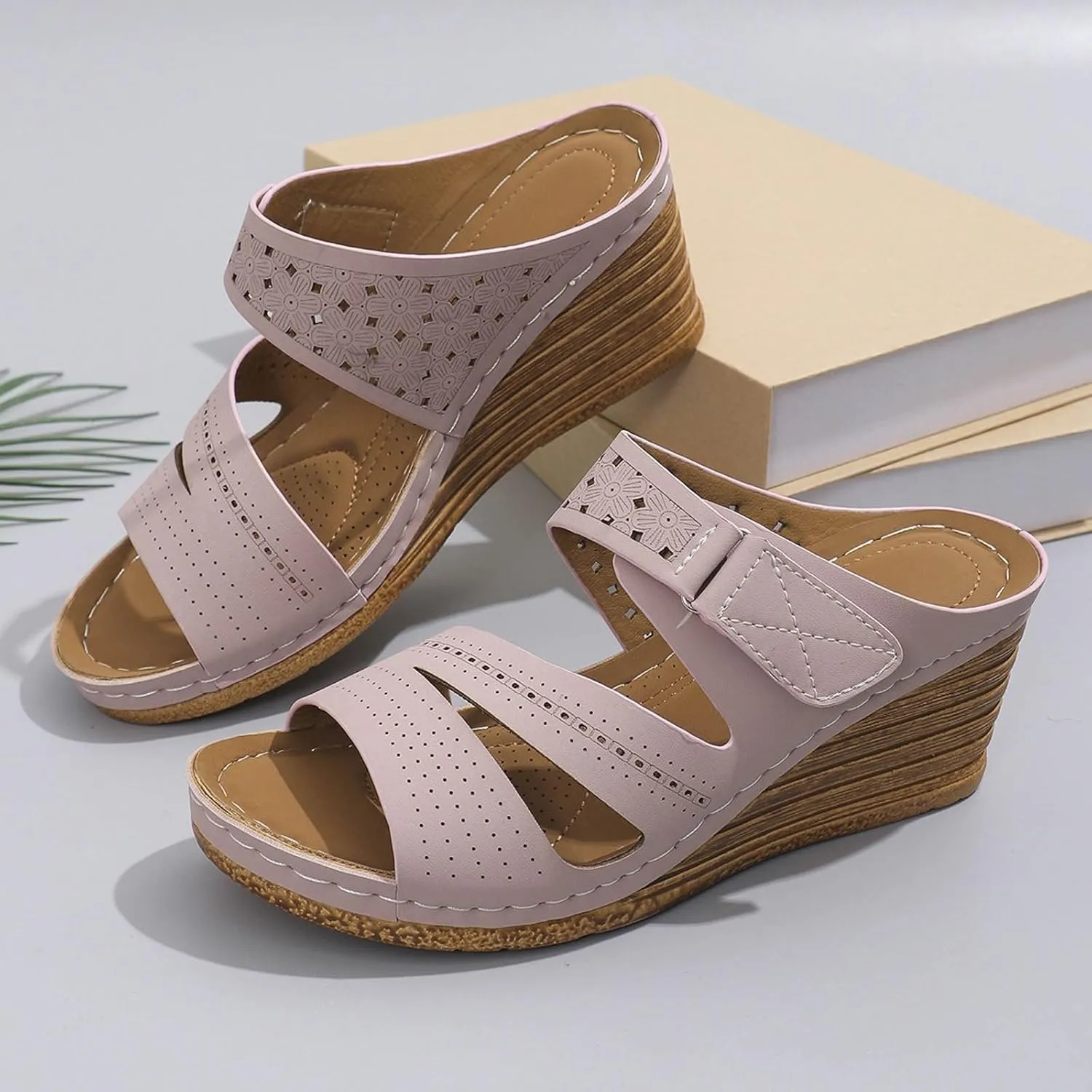 Women's Summer Open Toe Leather Slope Heel Sandal Slippers Casual Comfortable Womens Fuzzy Slippers Size 8 Open Toe