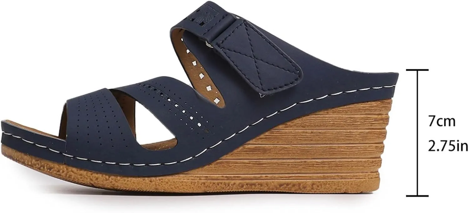 Women's Summer Open Toe Leather Slope Heel Sandal Slippers Casual Comfortable Womens Fuzzy Slippers Size 8 Open Toe