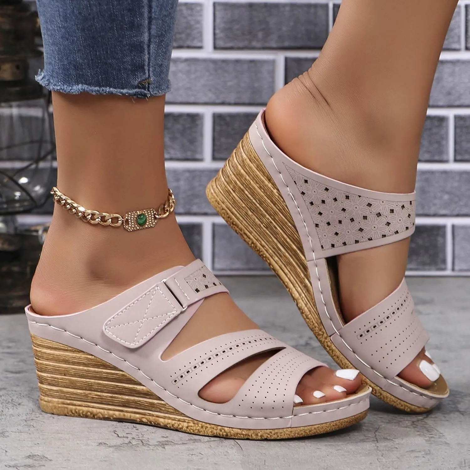 Women's Summer Open Toe Leather Slope Heel Sandal Slippers Casual Comfortable Womens Fuzzy Slippers Size 8 Open Toe
